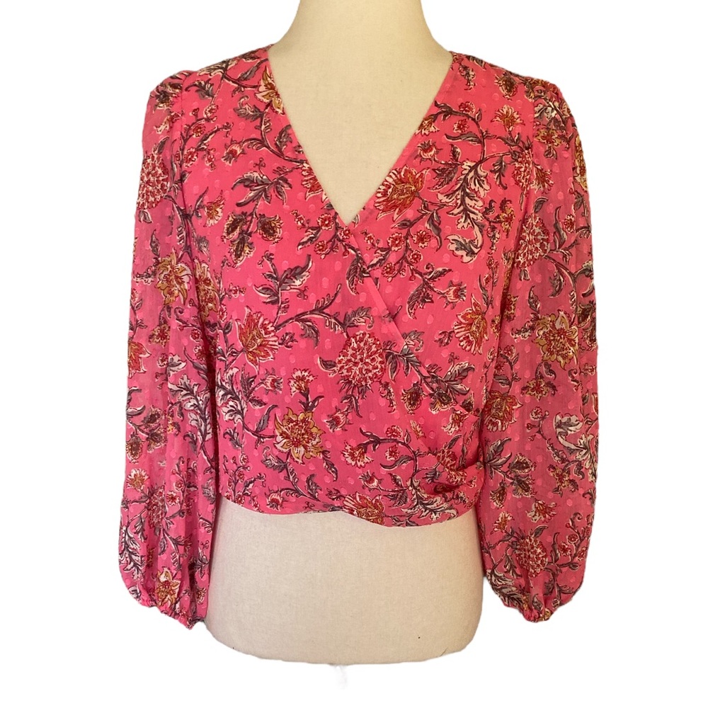 JOIE Pink Floral Faux Wrap Balloon Sleeve Cropped Blouse - S